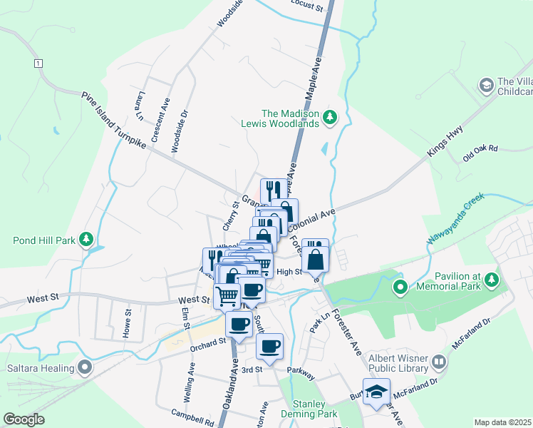 map of restaurants, bars, coffee shops, grocery stores, and more near 7 Grand Street in Warwick