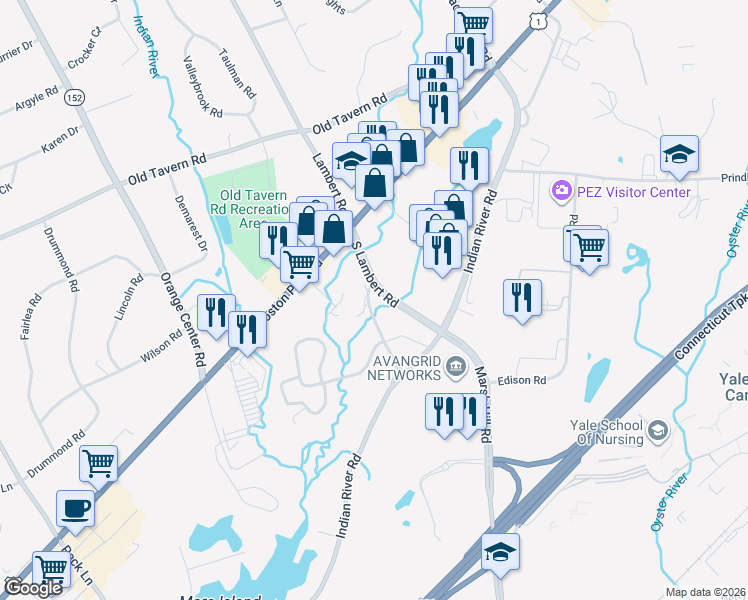 map of restaurants, bars, coffee shops, grocery stores, and more near 263 Old Lambert Road in Orange