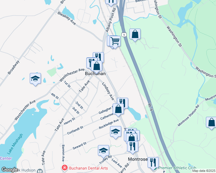map of restaurants, bars, coffee shops, grocery stores, and more near 155 Lindsey Avenue in Buchanan