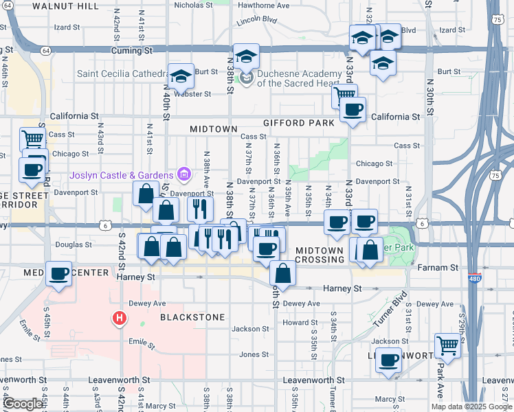 map of restaurants, bars, coffee shops, grocery stores, and more near 123 North 37th Street in Omaha