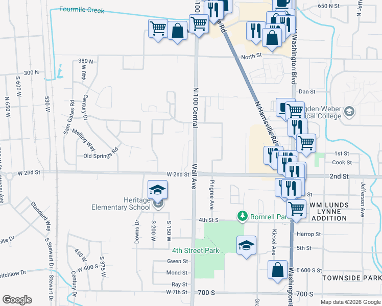map of restaurants, bars, coffee shops, grocery stores, and more near 100 West 2nd Street in Ogden