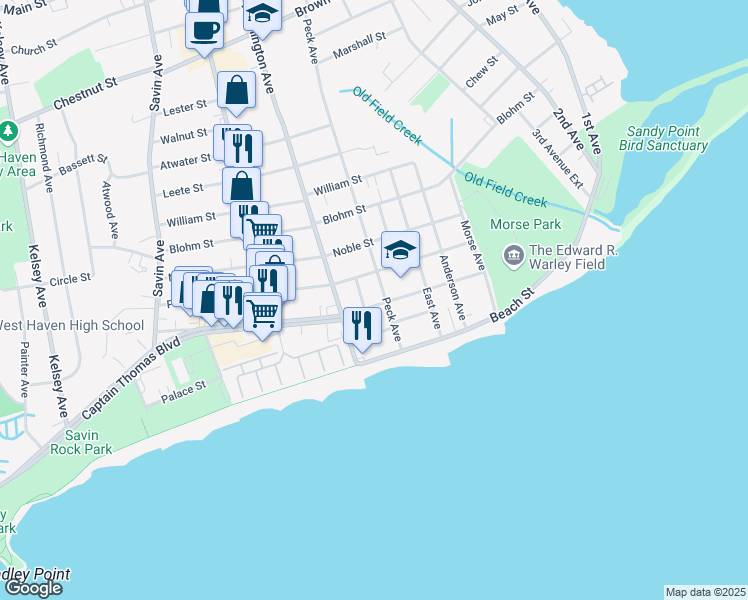 map of restaurants, bars, coffee shops, grocery stores, and more near 115 Thomas Street in West Haven