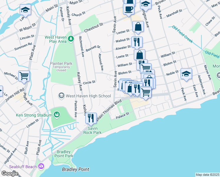 map of restaurants, bars, coffee shops, grocery stores, and more near 308 Savin Avenue in West Haven