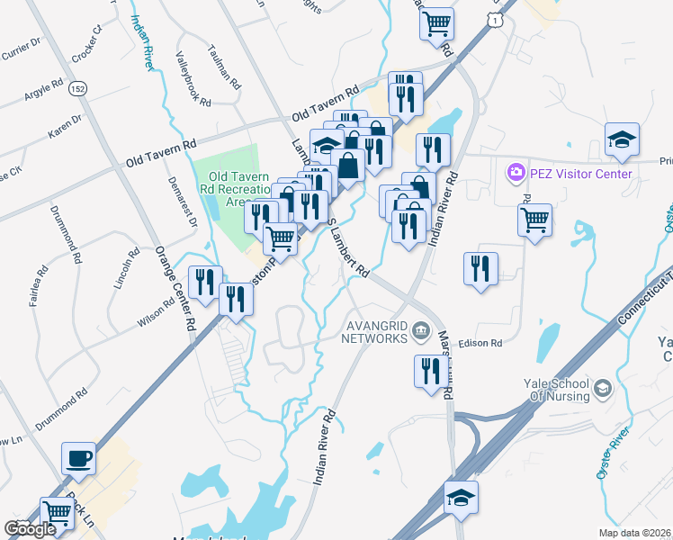 map of restaurants, bars, coffee shops, grocery stores, and more near 263 Old Lambert Road in Orange