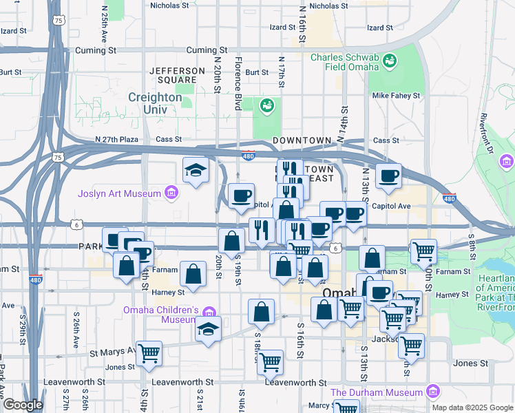 map of restaurants, bars, coffee shops, grocery stores, and more near 1809 Capitol Avenue in Omaha
