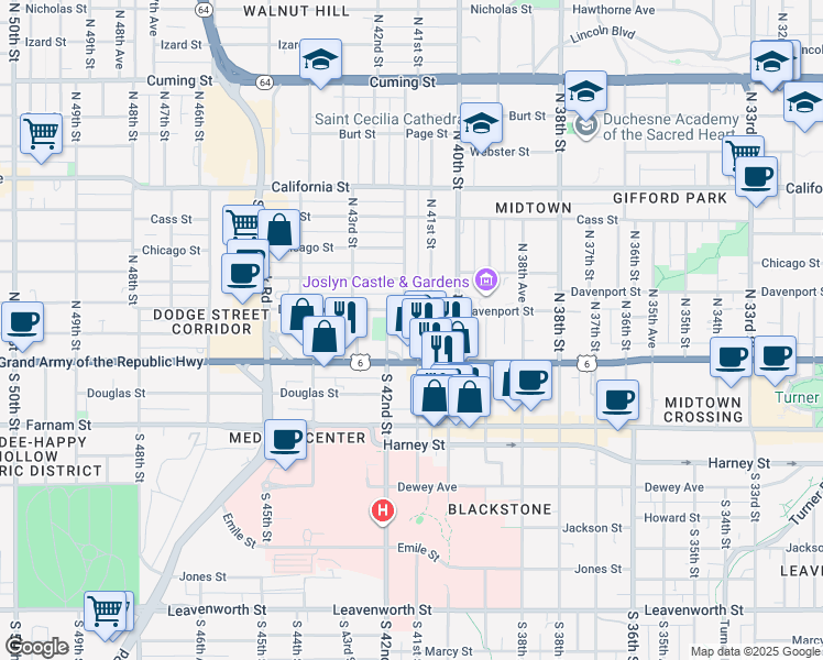 map of restaurants, bars, coffee shops, grocery stores, and more near 123 North 41st Street in Omaha