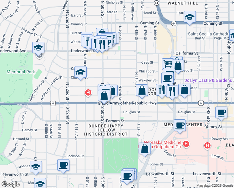 map of restaurants, bars, coffee shops, grocery stores, and more near 4901 Capitol Avenue in Omaha