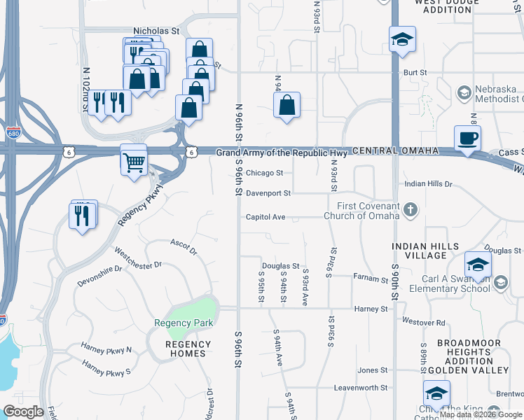 map of restaurants, bars, coffee shops, grocery stores, and more near 9424 Capitol Avenue in Omaha