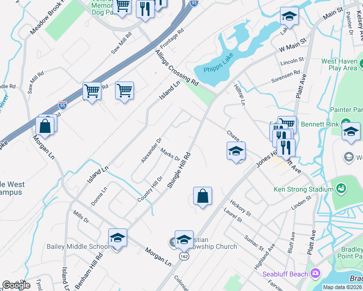 map of restaurants, bars, coffee shops, grocery stores, and more near 37 Shingle Hill Road in West Haven