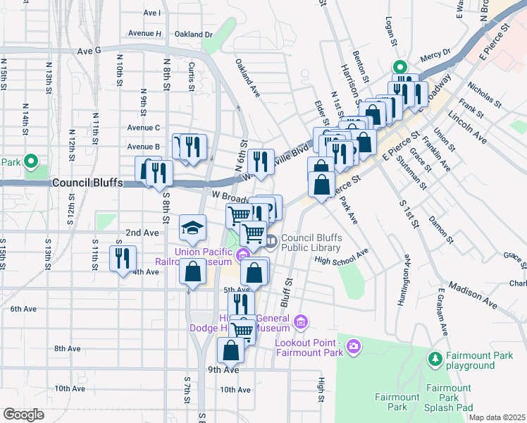 map of restaurants, bars, coffee shops, grocery stores, and more near 405 West Broadway in Council Bluffs