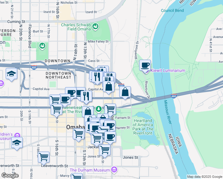 map of restaurants, bars, coffee shops, grocery stores, and more near 1003 Capitol Ave in Omaha