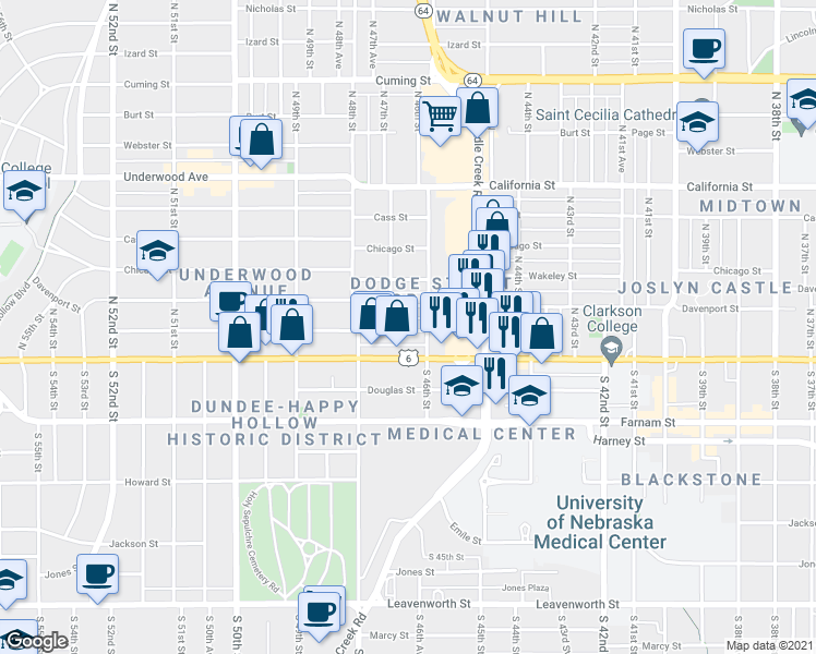 map of restaurants, bars, coffee shops, grocery stores, and more near 4650 Capitol Avenue in Omaha