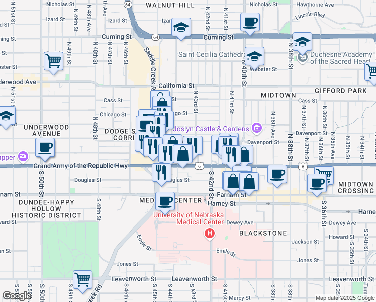 map of restaurants, bars, coffee shops, grocery stores, and more near 125 North 43rd Avenue in Omaha
