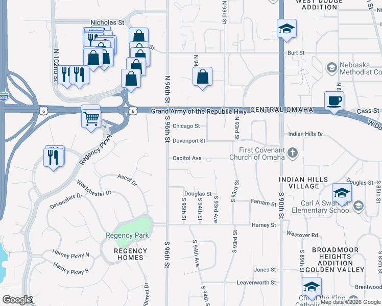 map of restaurants, bars, coffee shops, grocery stores, and more near 9424 Capitol Avenue in Omaha