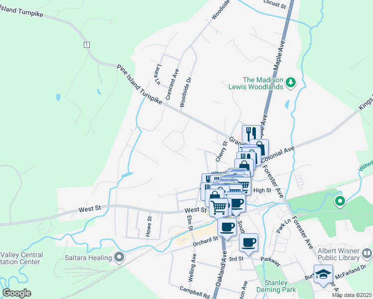 map of restaurants, bars, coffee shops, grocery stores, and more near 14 Ridgeway Drive in Warwick