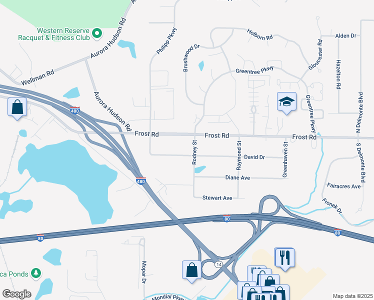 map of restaurants, bars, coffee shops, grocery stores, and more near 653 David Dr in Streetsboro