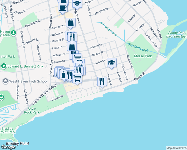 map of restaurants, bars, coffee shops, grocery stores, and more near 90 Washington Avenue in West Haven