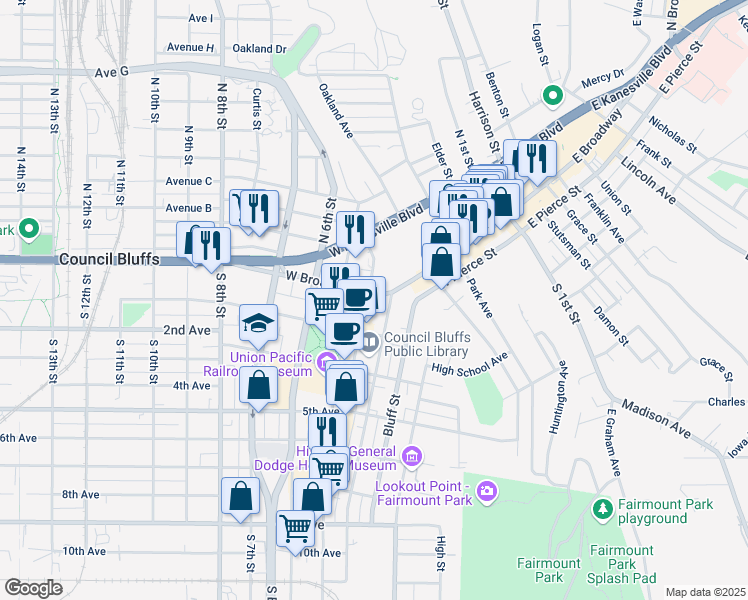 map of restaurants, bars, coffee shops, grocery stores, and more near 15 Pearl Street in Council Bluffs