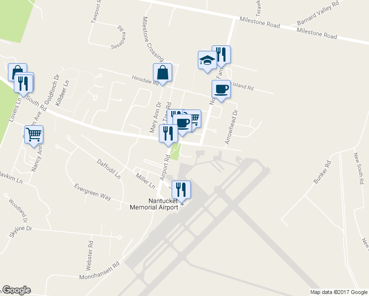 map of restaurants, bars, coffee shops, grocery stores, and more near 129 Old South Rd in Nantucket