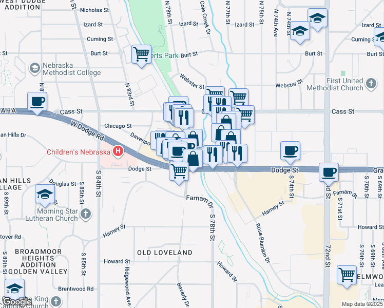 map of restaurants, bars, coffee shops, grocery stores, and more near 7798 Dodge Street in Omaha