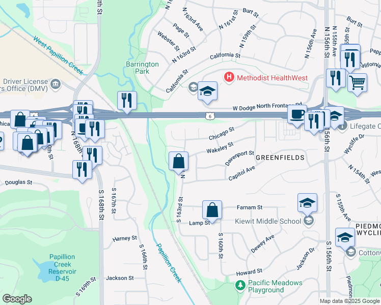 map of restaurants, bars, coffee shops, grocery stores, and more near 16212 Wakeley Street in Omaha