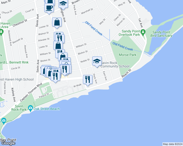map of restaurants, bars, coffee shops, grocery stores, and more near 85 Thomas Street in West Haven