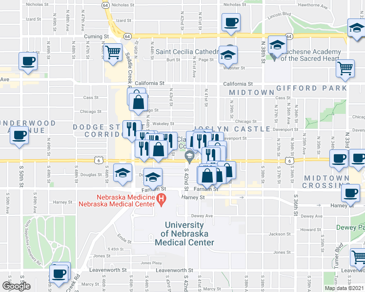 map of restaurants, bars, coffee shops, grocery stores, and more near 124 N 42nd St in Omaha