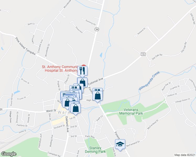 map of restaurants, bars, coffee shops, grocery stores, and more near 43 Colonial Avenue in Warwick