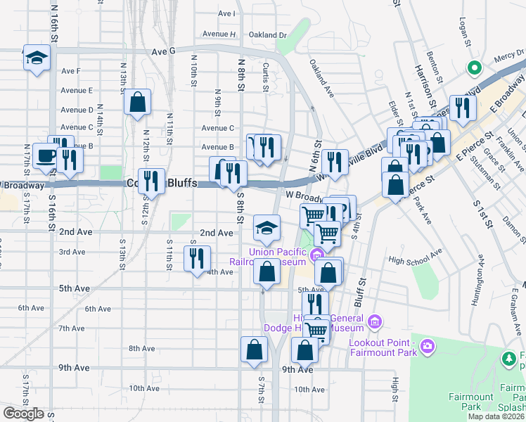 map of restaurants, bars, coffee shops, grocery stores, and more near 710 1st Avenue in Council Bluffs