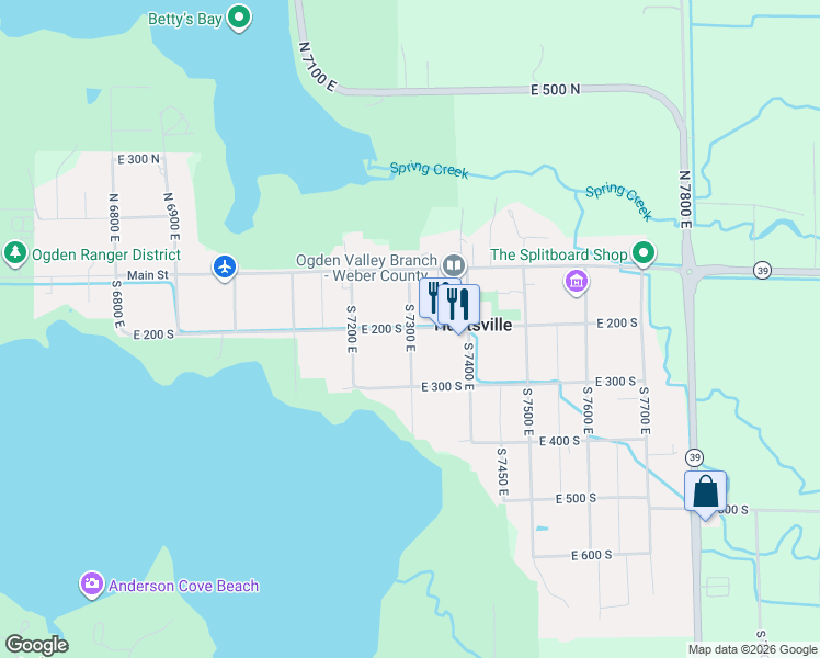 map of restaurants, bars, coffee shops, grocery stores, and more near 200 South 7300 East in Huntsville