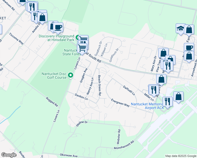 map of restaurants, bars, coffee shops, grocery stores, and more near 10 Mayflower Circle in Nantucket