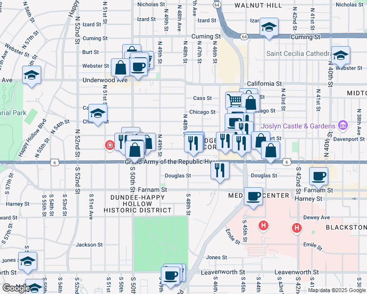 map of restaurants, bars, coffee shops, grocery stores, and more near 4811 Capitol Avenue in Omaha