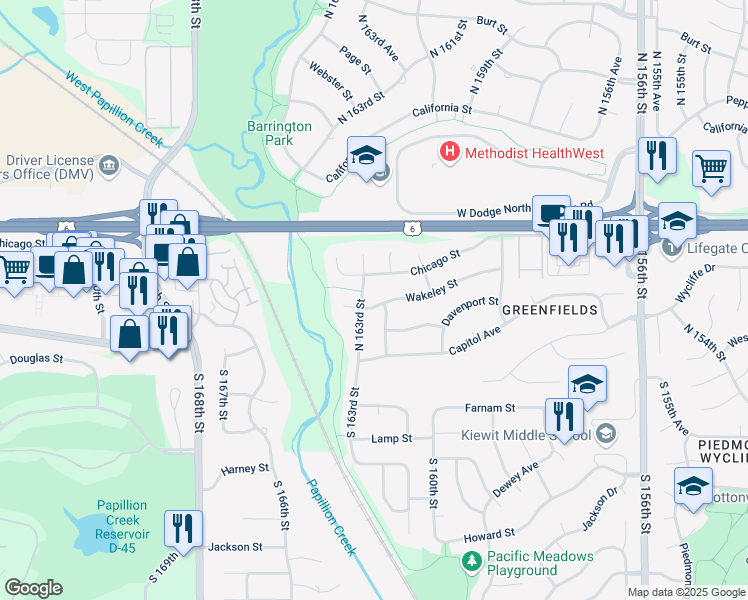 map of restaurants, bars, coffee shops, grocery stores, and more near 16212 Wakeley Street in Omaha