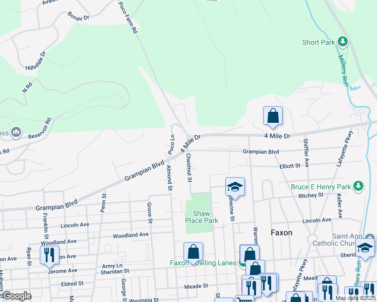 map of restaurants, bars, coffee shops, grocery stores, and more near 1001 Grampian Boulevard in Williamsport