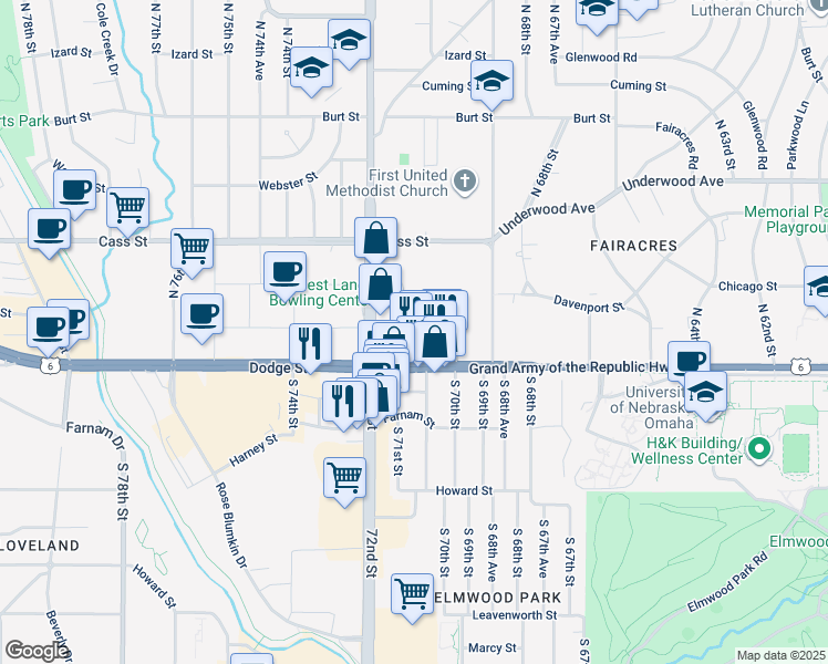 map of restaurants, bars, coffee shops, grocery stores, and more near Capitol Court in Omaha