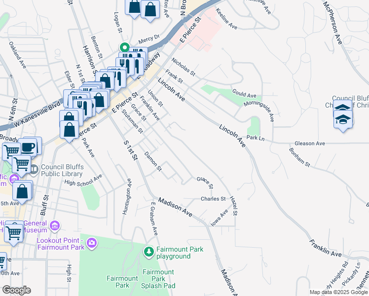 map of restaurants, bars, coffee shops, grocery stores, and more near 632 Franklin Avenue in Council Bluffs