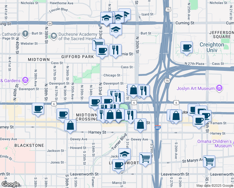 map of restaurants, bars, coffee shops, grocery stores, and more near 120 North 31st Avenue in Omaha