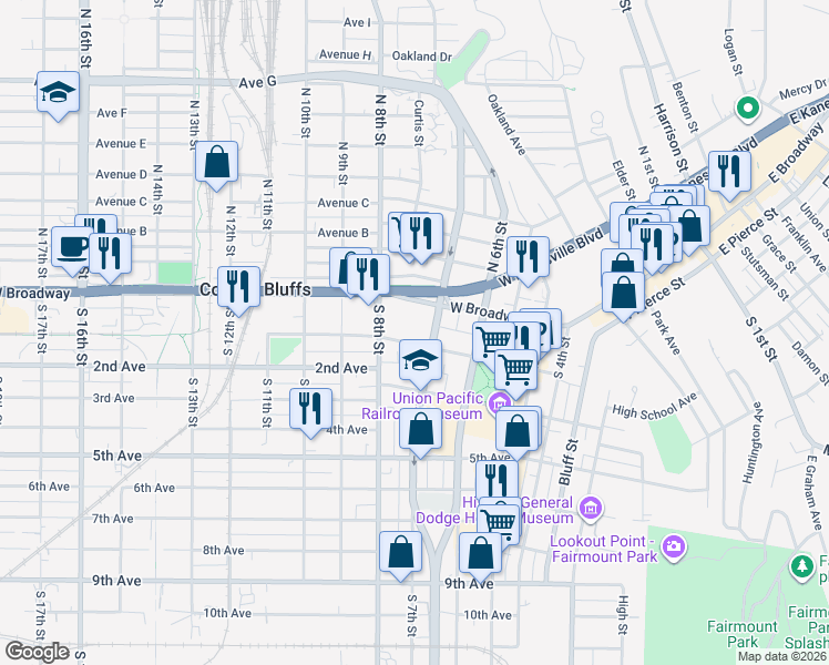 map of restaurants, bars, coffee shops, grocery stores, and more near 710 1st Avenue in Council Bluffs