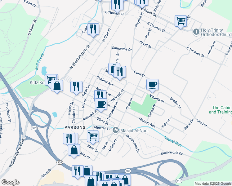 map of restaurants, bars, coffee shops, grocery stores, and more near 180-188 Austin Avenue in Wilkes-Barre