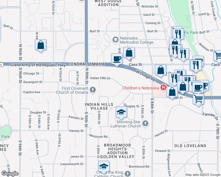 map of restaurants, bars, coffee shops, grocery stores, and more near 8807 Indian Hills Drive in Omaha