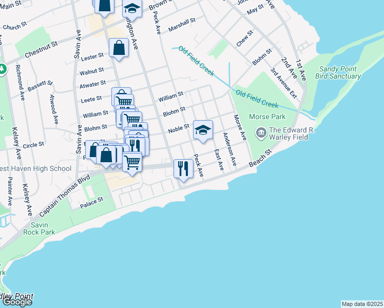 map of restaurants, bars, coffee shops, grocery stores, and more near 115 Thomas Street in West Haven