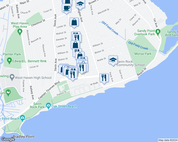 map of restaurants, bars, coffee shops, grocery stores, and more near 180 Park Street in West Haven
