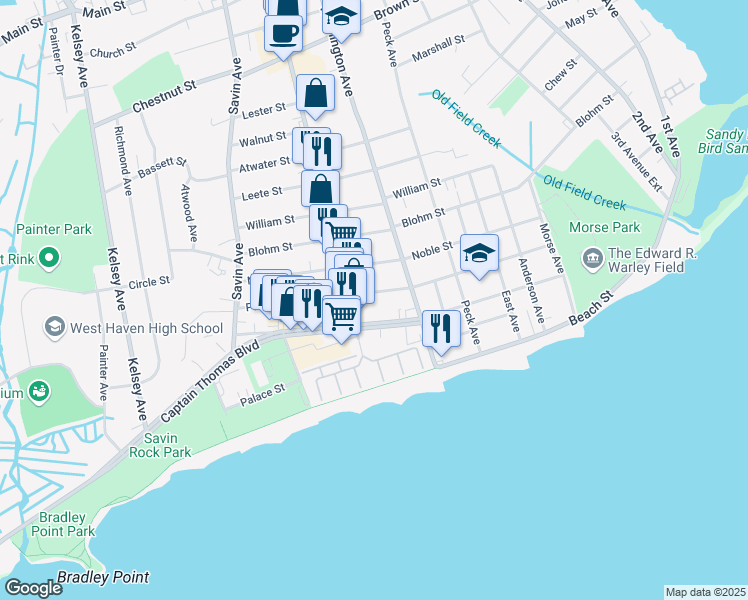 map of restaurants, bars, coffee shops, grocery stores, and more near 180 Park Street in West Haven