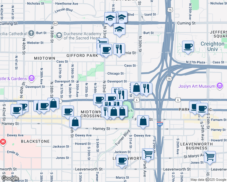 map of restaurants, bars, coffee shops, grocery stores, and more near 120-1/2 North 32nd Avenue in Omaha