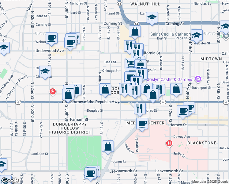 map of restaurants, bars, coffee shops, grocery stores, and more near 4650 Capitol Avenue in Omaha