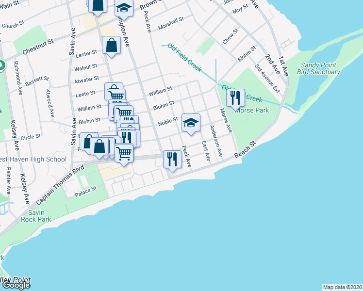 map of restaurants, bars, coffee shops, grocery stores, and more near 66 Thomas Street in West Haven