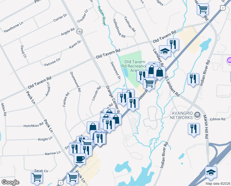 map of restaurants, bars, coffee shops, grocery stores, and more near 290 Merry Circle in Orange