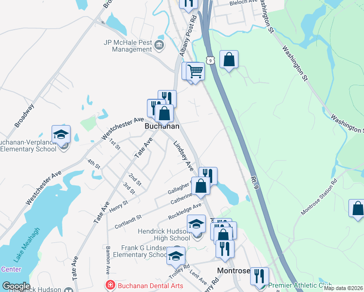 map of restaurants, bars, coffee shops, grocery stores, and more near 155 Lindsey Avenue in Buchanan