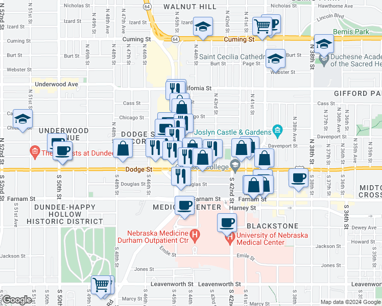 map of restaurants, bars, coffee shops, grocery stores, and more near 4408 Capitol Avenue in Omaha