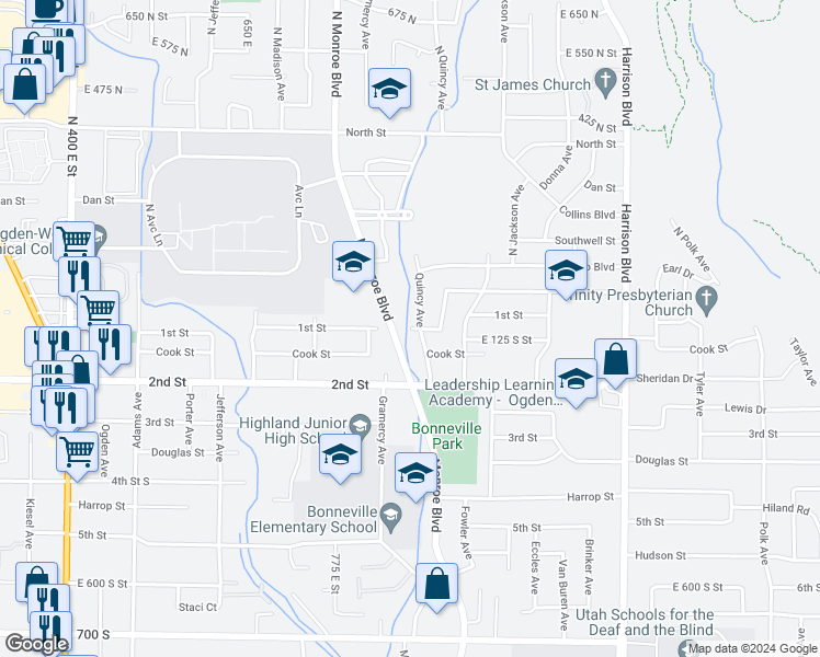map of restaurants, bars, coffee shops, grocery stores, and more near 850 1st Street in Ogden